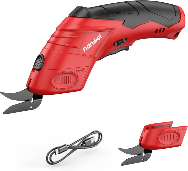 NANWEI Electric Scissors Cordless, Type-C Rechargeable Cardboard Cutter with 2 Blades,4.2V High‑torque Motor,for Thin Cardboard Fabric Carpet Leather (Red) - Image 1